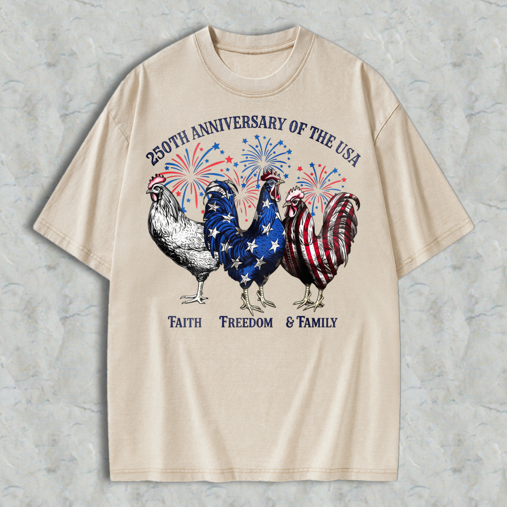 Patriotic Roosters With American Flag And Fireworks 250th Anniversary Of The Usa Washed T-shirt