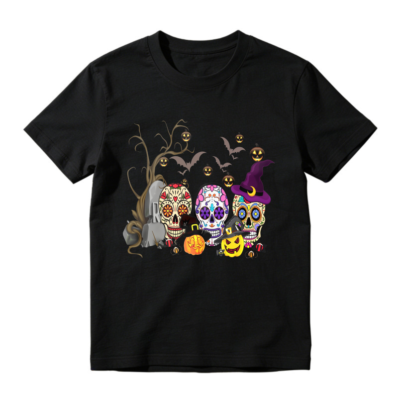 Colorful Sugar Skulls With Witch Hat Pumpkins Bats And Ghosts Halloween Day Of The Dead Unisex Classic T-shirt