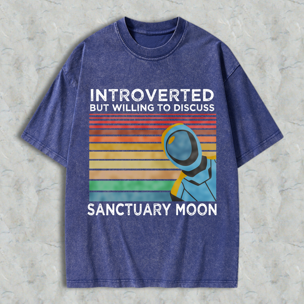 Wardrobecart Introverted But Willing To Discuss Sanctuary Moon Astronaut Vintage Rainbow Design Unisex Washed T-shirt