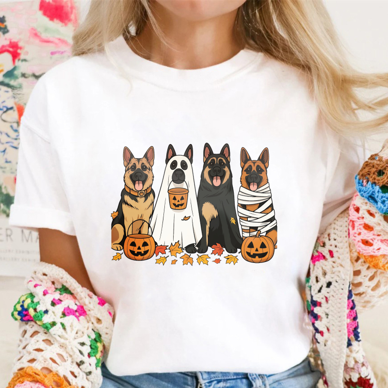 Halloween German Shepherd Dogs In Costumes With Pumpkins And Autumn Leaves, Unisex Classic T-shirt