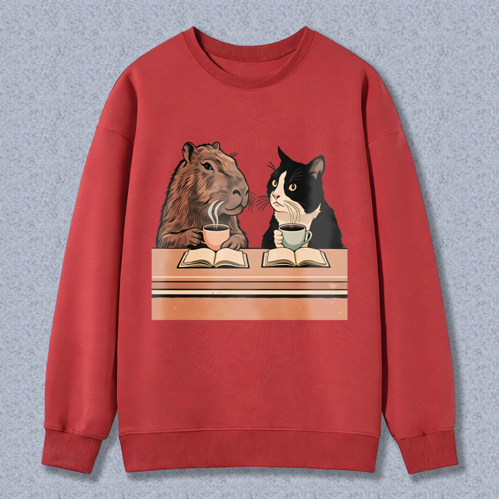 Wardrobecart Capybara And Cat Reading Books With Tea Unisex Classic Sweatshirt
