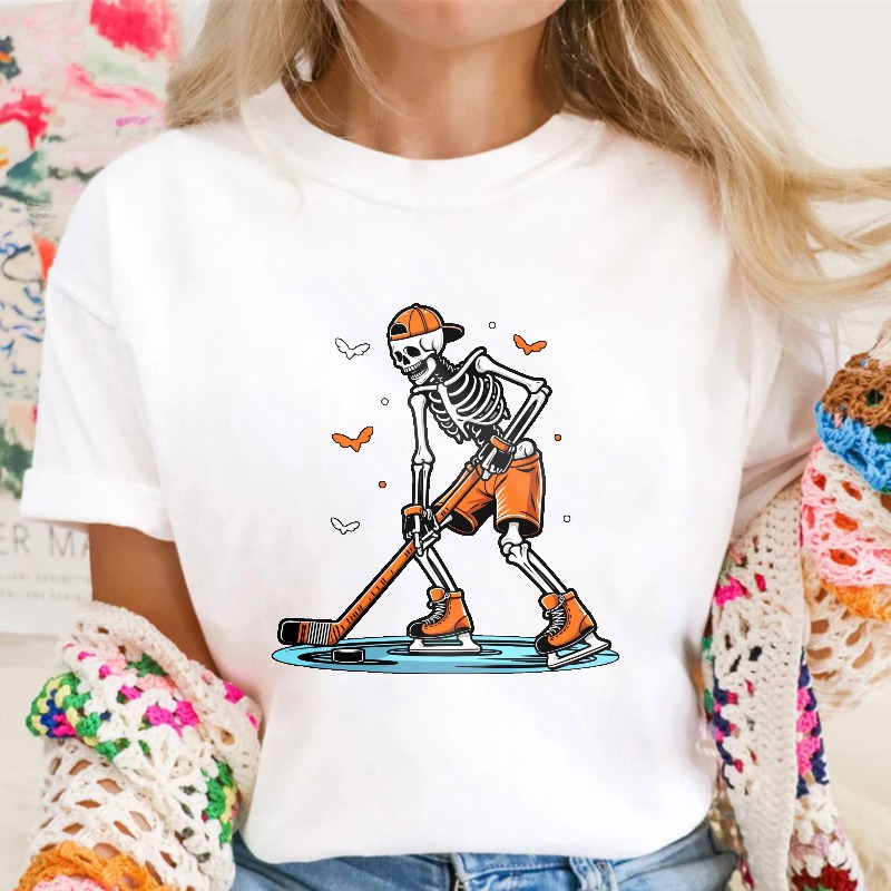 Skeleton Hockey Player With Orange Helmet And Stick Unisex Classic T-shirt