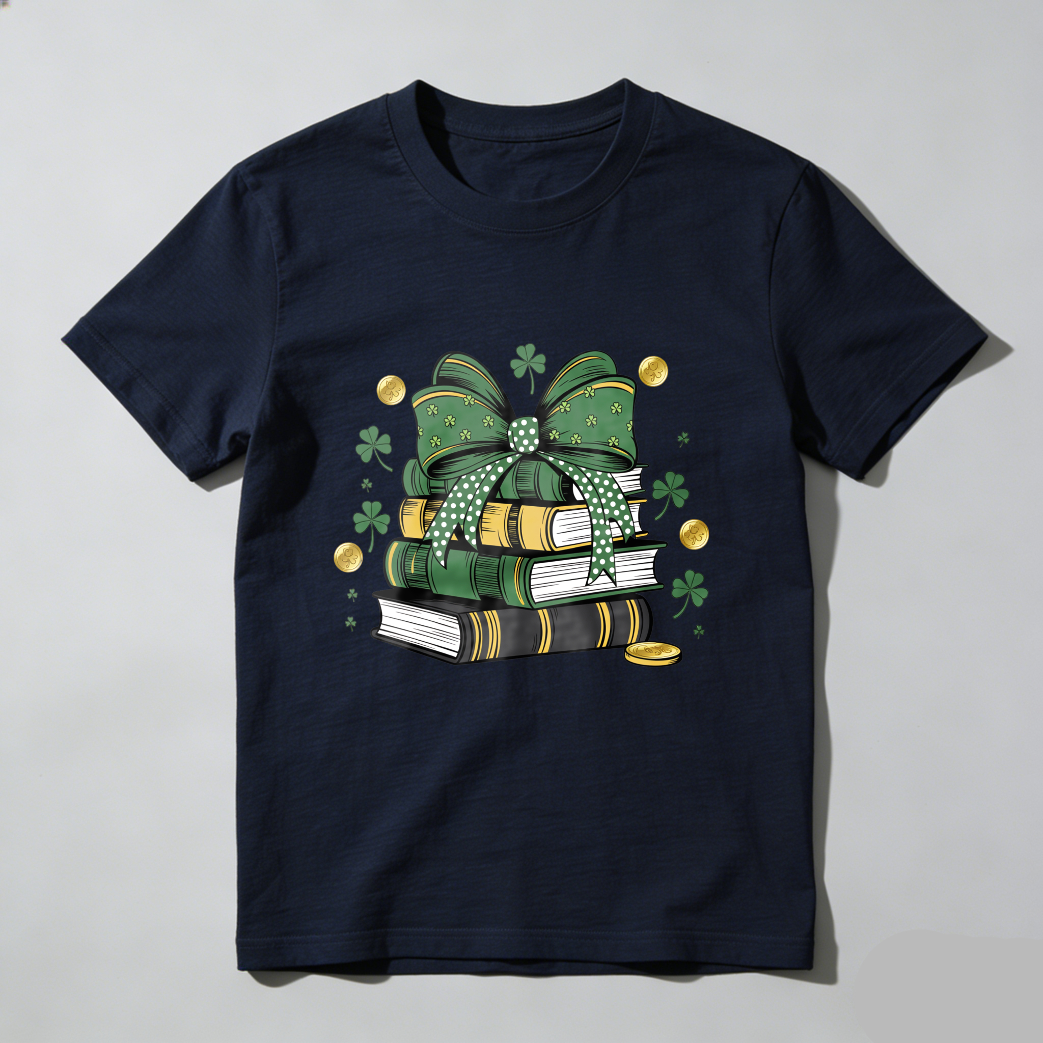 Wardrobecart Green Bow Books Clover Gold Coins tshirt