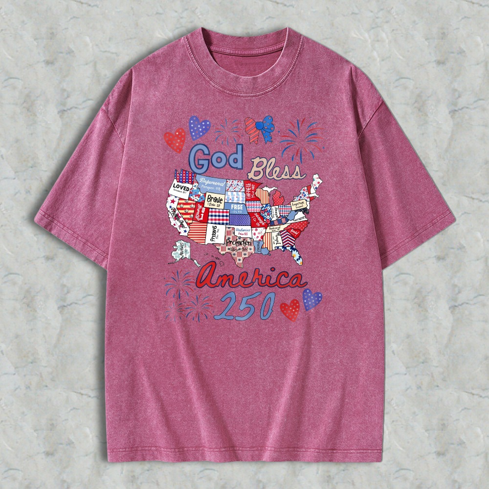 God Bless America 250 Usa Map With Patriotic Symbols And Fireworks Washed T-shirt