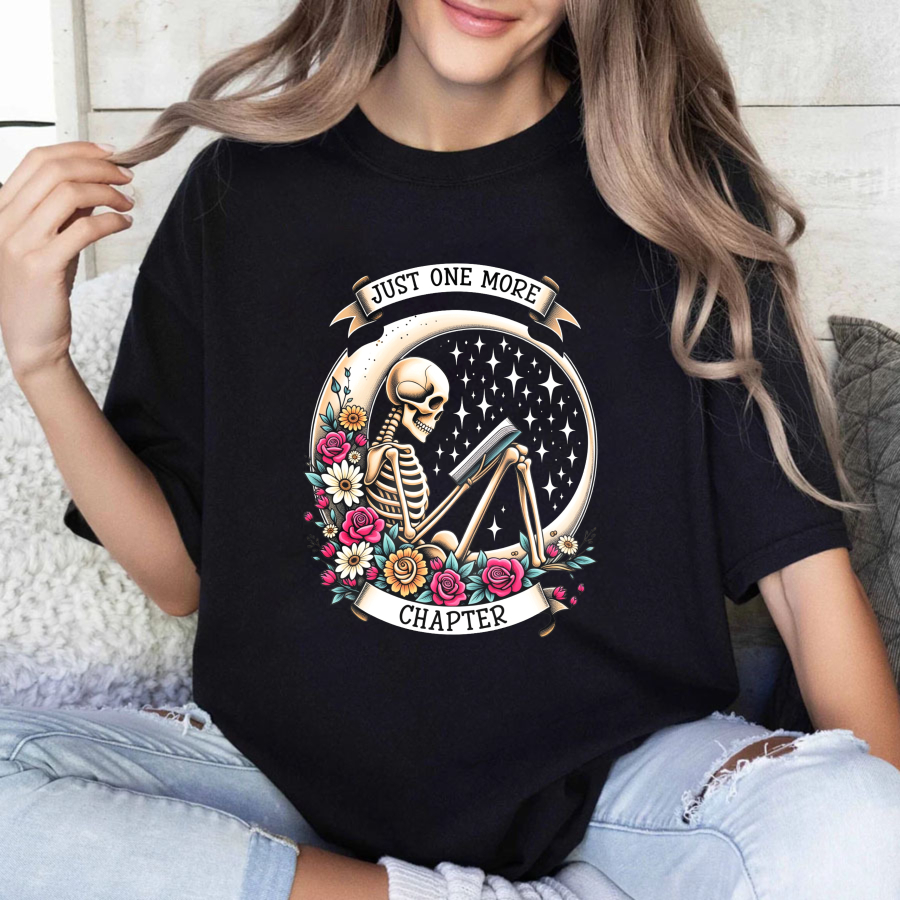Wardrobecart Skeleton Reading Book With Flowers And Stars Tshirt