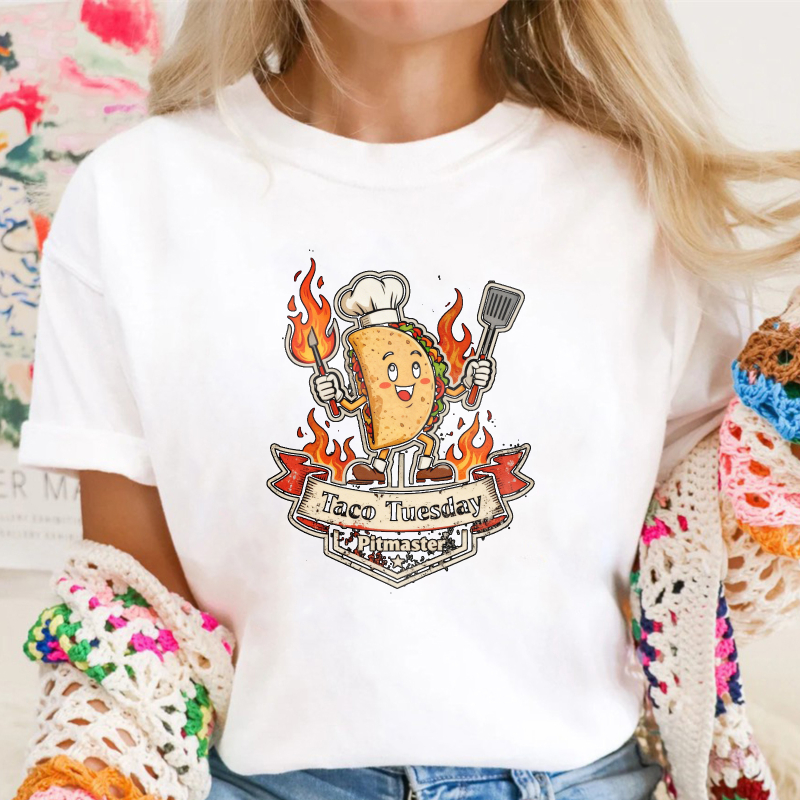 Taco Tuesday Pitmaster Cartoon Taco Character With Chef Hat And Spatula Flames Banner Unisex Classic T-shirt