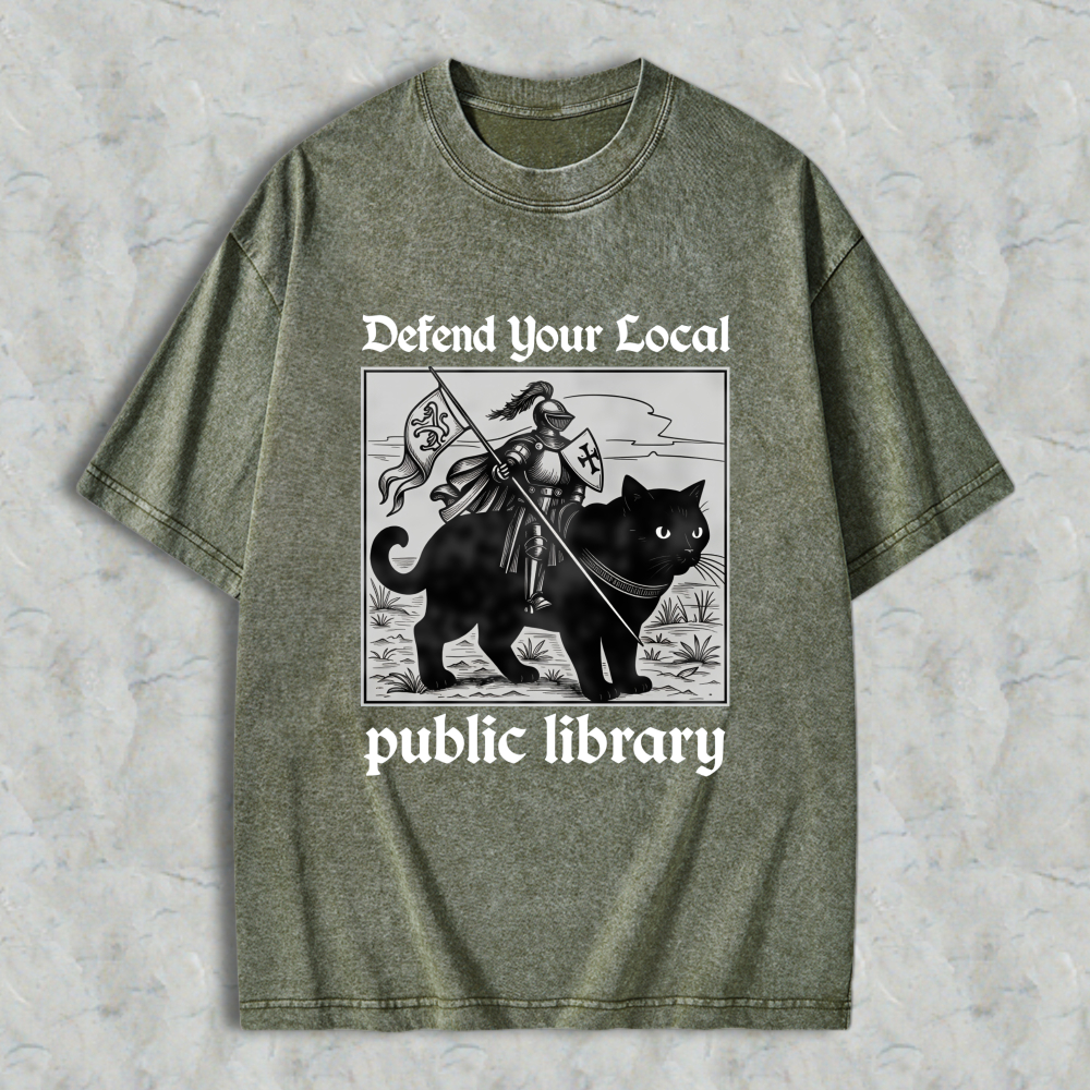 Wardrobecart Knight And Cat Defend Your Local Public Library Unisex Washed T-shirt