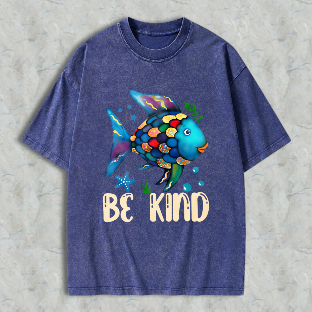 Wardrobecart Colorful Fish With Be Kind Text Unisex Washed T-shirt