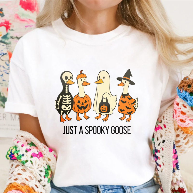 Halloween Four Geese In Skeleton Pumpkin Witch Costumes With Just A Spooky Goose Text, Unisex Classic T-shirt