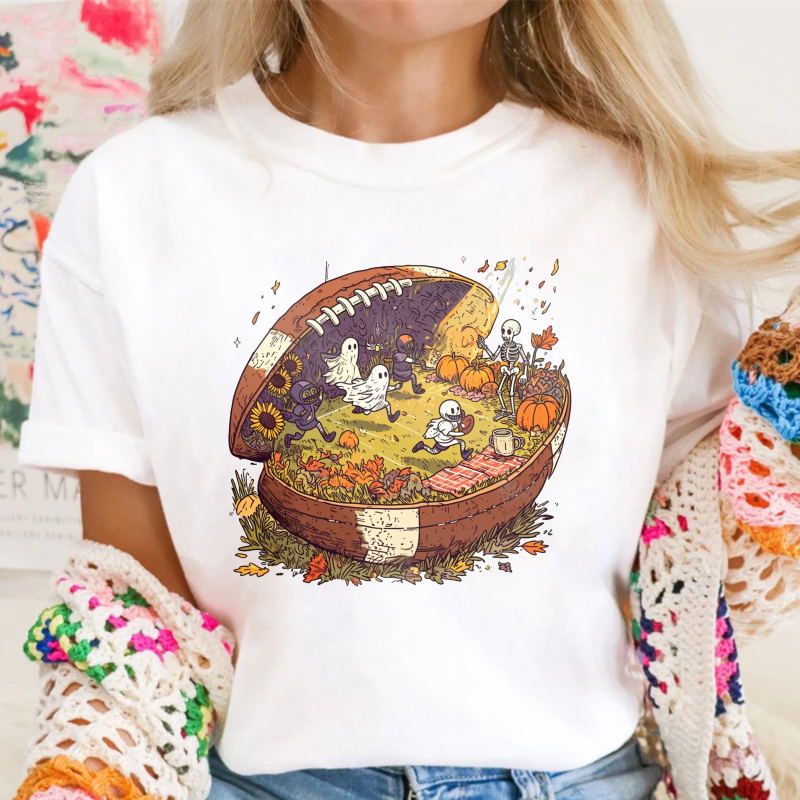 Halloween Football Scene With Ghosts Skeletons And Pumpkins, Unisex Classic T-shirt