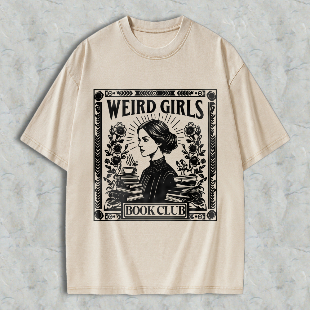 Wardrobecart Weird Girls Book Club Vintage Style Woman Reading With Books And Coffee Unisex Washed T-shirt