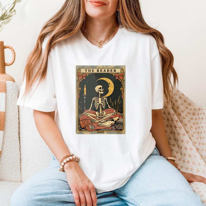 Wardrobecart The Reader Skeleton Tarot Card Design tshirt
