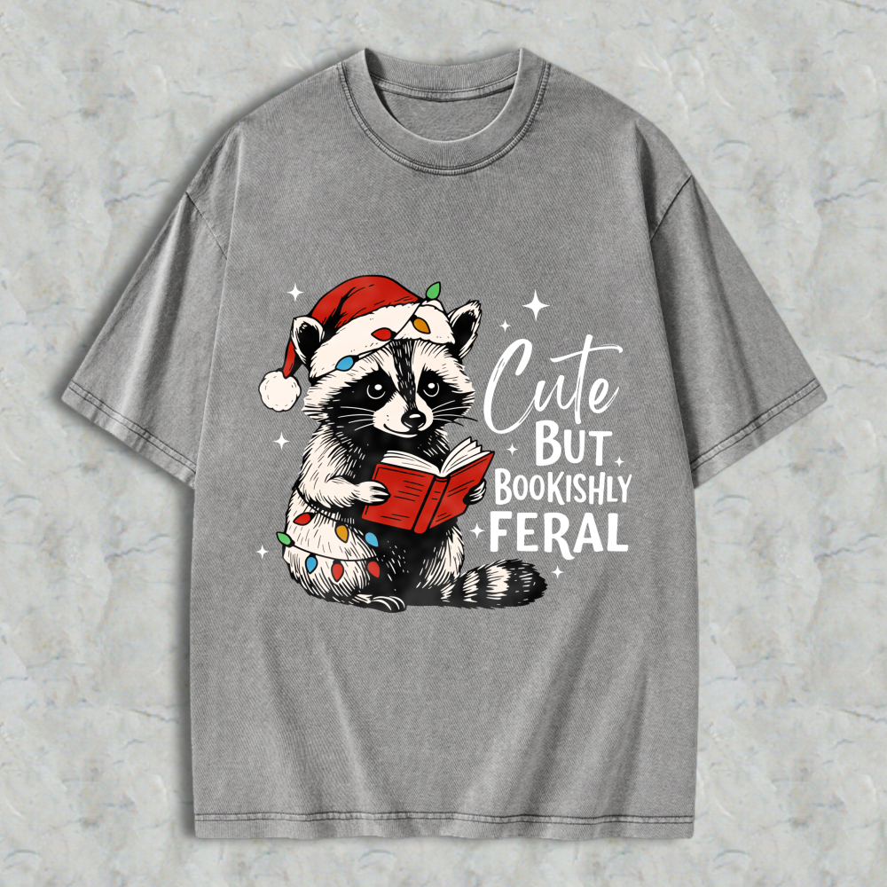 Wardrobecart Cute But Bookishly Feral Raccoon Reading Christmas Book Unisex Washed T-shirt