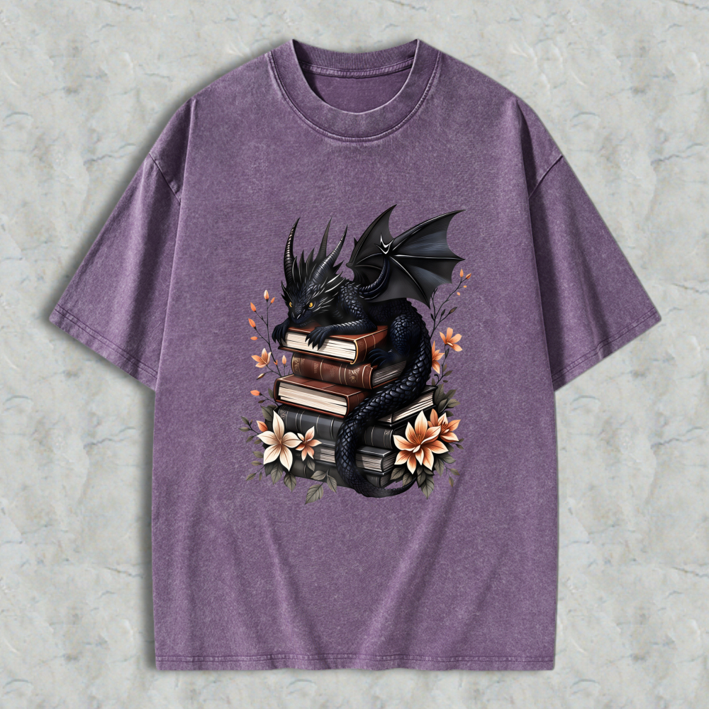 Wardrobecart Dragon With Books And Flowers Unisex Washed T-shirt