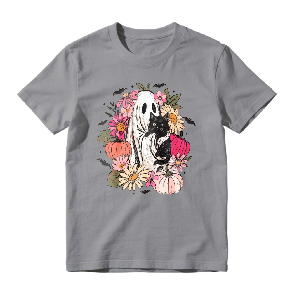 Cute Ghost And Black Cat With Autumn Flowers And Pumpkins Halloween Design, Unisex Classic T-shirt