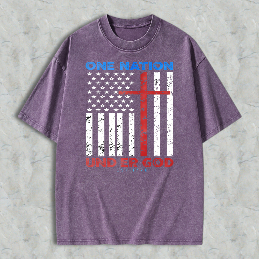 One Nation Under God American Flag With Cross Washed T-shirt