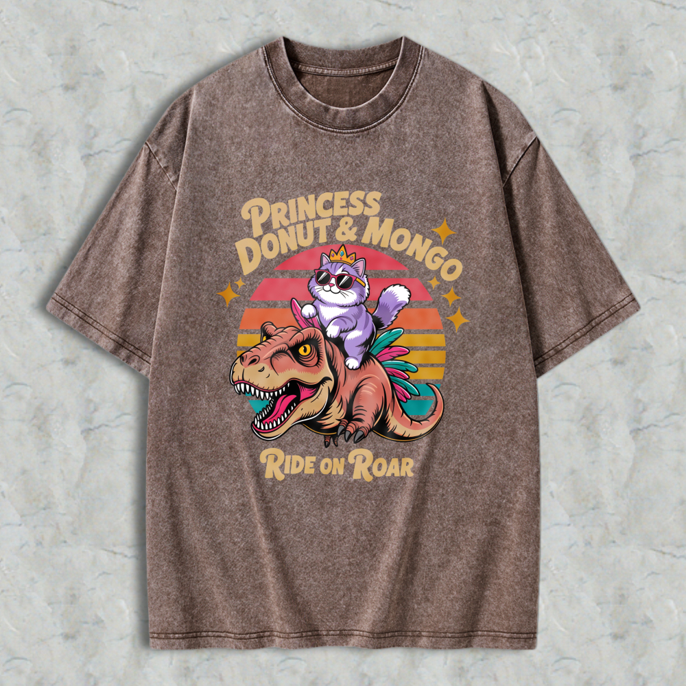 Wardrobecart Princess Donut And Mongo Ride On Roar Cat Riding Dinosaur Vintage Sunset Design Unisex Washed T-shirt