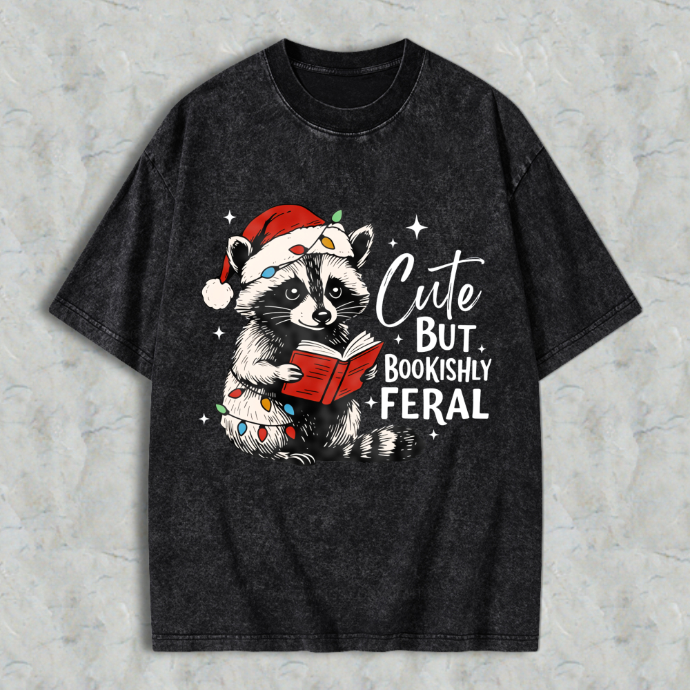 Wardrobecart Cute But Bookishly Feral Raccoon Reading Christmas Book Unisex Washed T-shirt