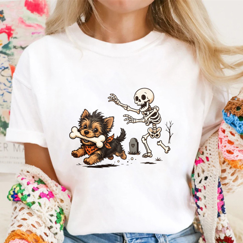 Cute Puppy Chasing Skeleton With Bone Halloween Cartoon Graphic, Unisex Classic T-shirt