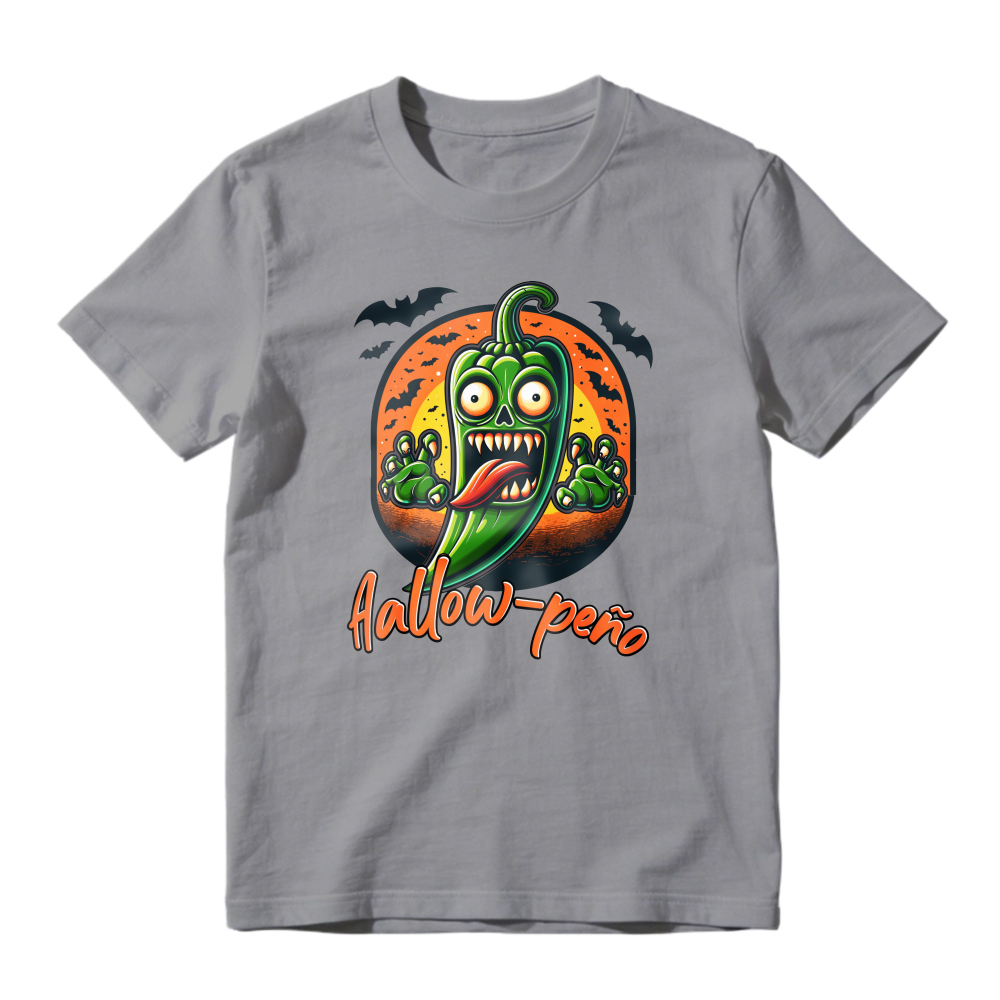 Halloween Funny Scary Green Chili Pepper With Zombie Hands And Bats Moon Background Hallow Peno Pun Unisex Classic T-shirt