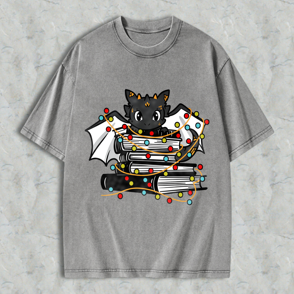 Wardrobecart Cute Bat With Books And Christmas Lights Unisex Washed T-shirt