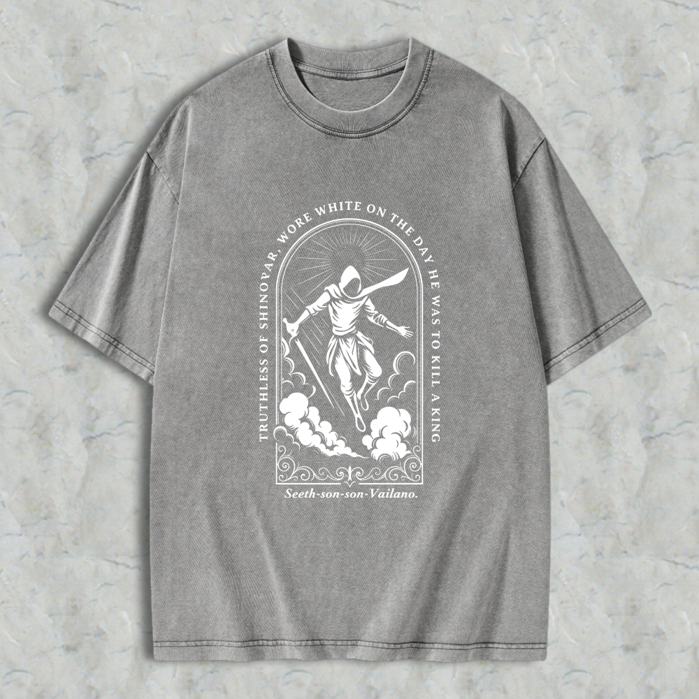 Wardrobecart Reaper With Sword And Scythe Standing On Clouds In Arch Design With Quote Truthless Of Sinovar Wore White On The Day He Was To Kill A King Seeth Son Son Vailano Unisex Washed T-shirt