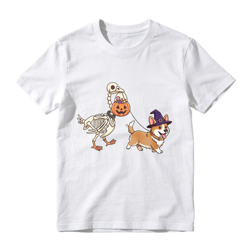 Halloween Corgi In Witch Hat Walking Skeleton Duck With Pumpkin Bucket, Unisex Classic T-shirt