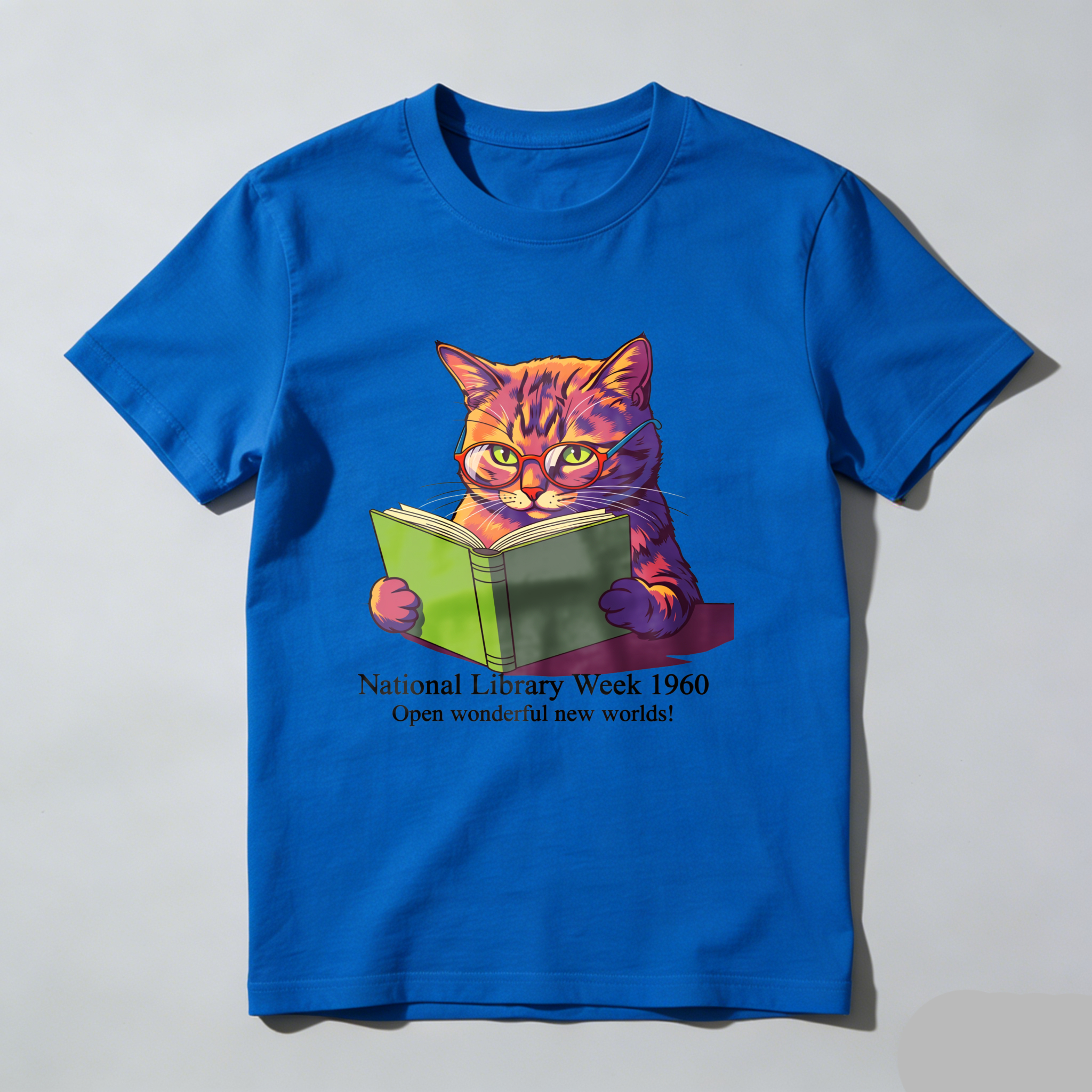 Wardrobecart Cat Reading Book National Library Week 1960 Tshirt 100% cotton