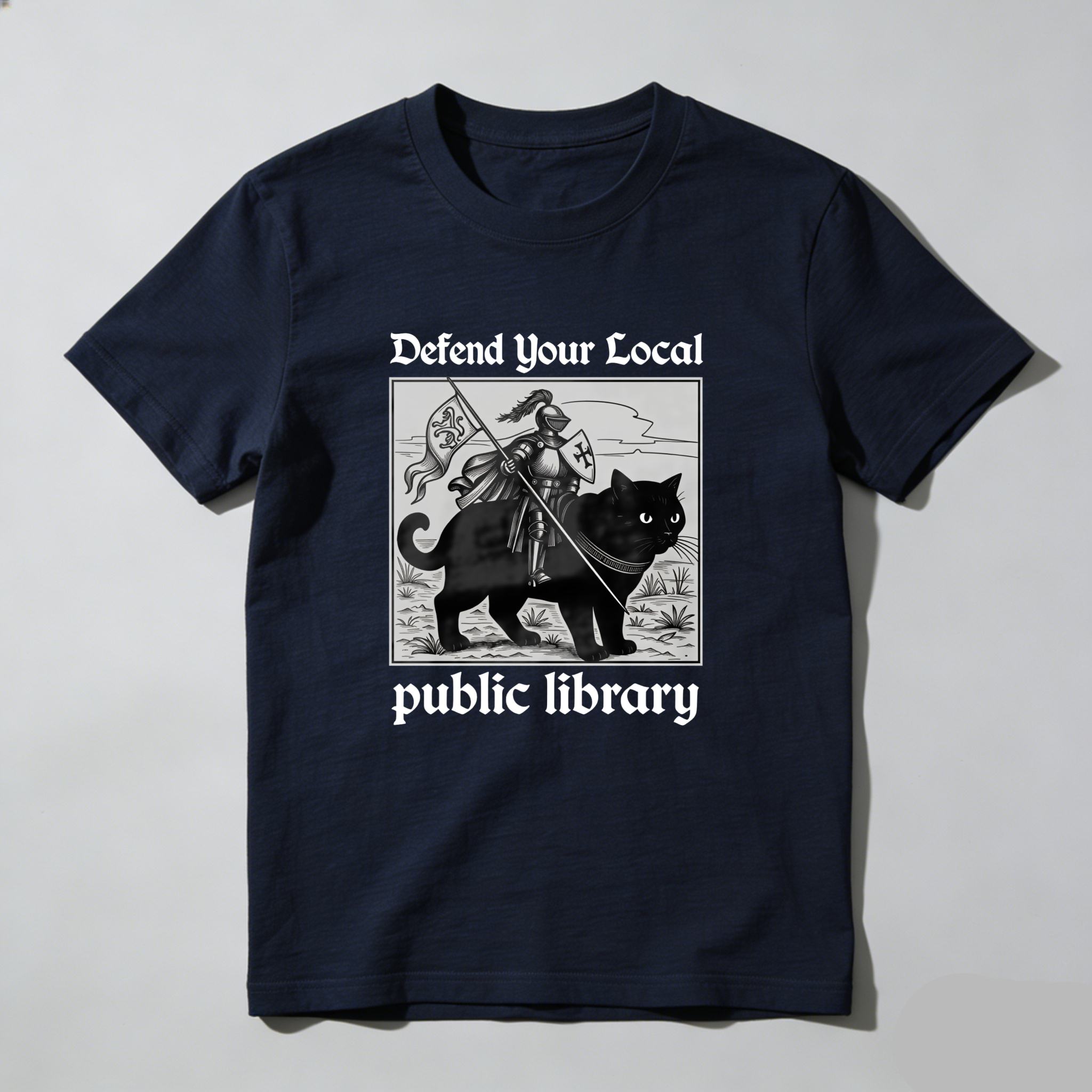 Wardrobecart Defend Your Local Public Library Cat Knight tshirt