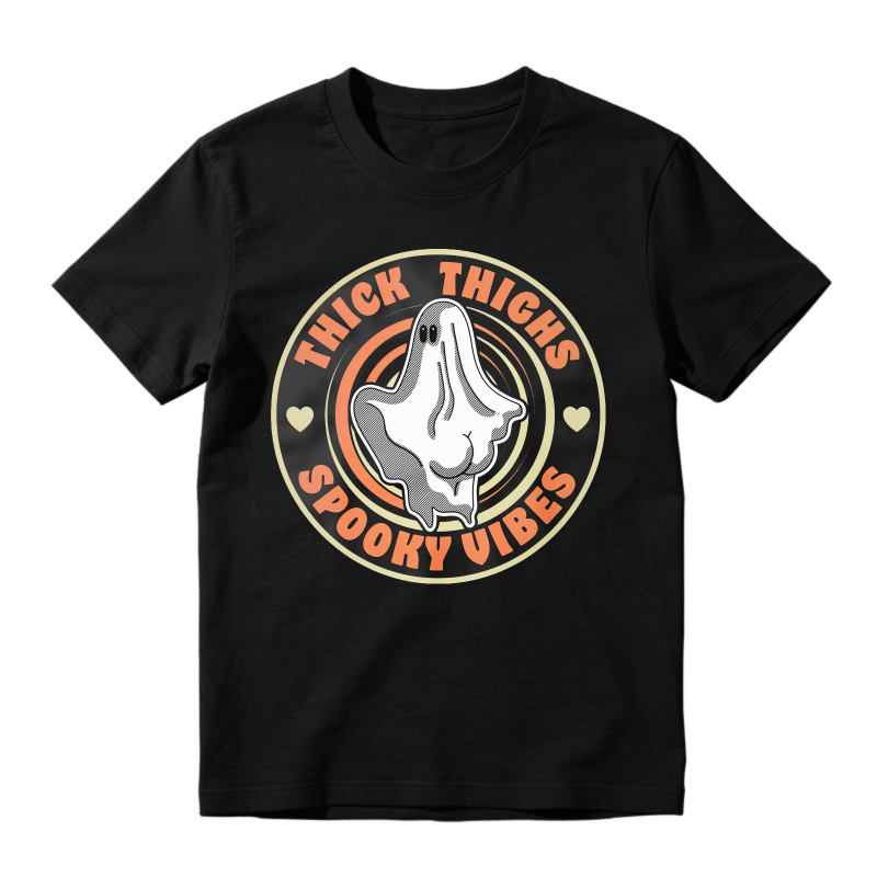 Thick Thighs Spooky Vibes Ghost Halloween Retro Circle, Unisex Classic T-shirt