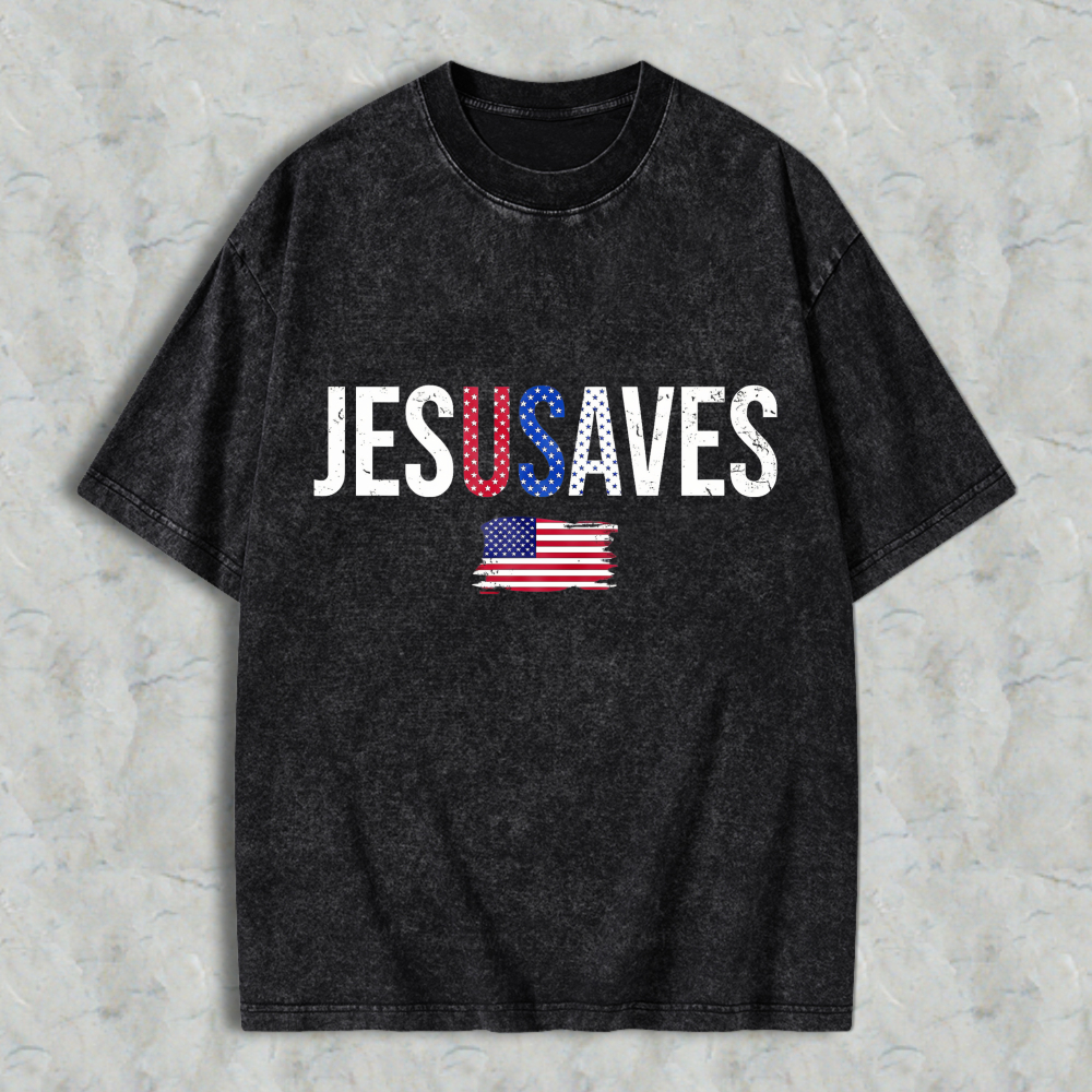 Jesus Saves With American Flag Design Washed T-shirt