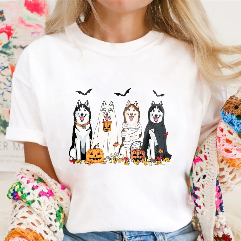 Halloween Husky Dogs In Costumes With Pumpkins And Bats, Unisex Classic T-shirt