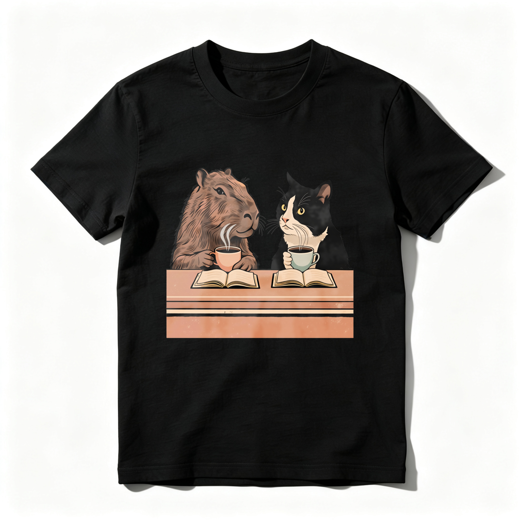 Wardrobecart Capybara And Cat Reading Books With Tea Tshirt