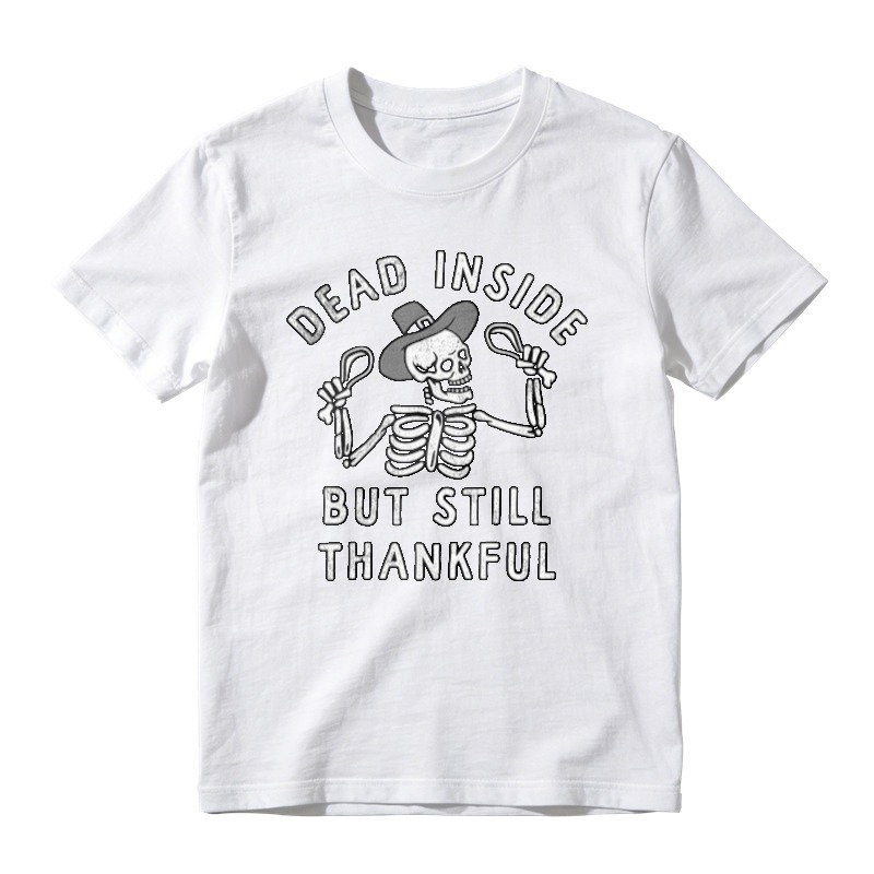 Dead Inside But Still Thankful Skeleton With Hat And Spoons Funny Halloween Graphic T-shirt