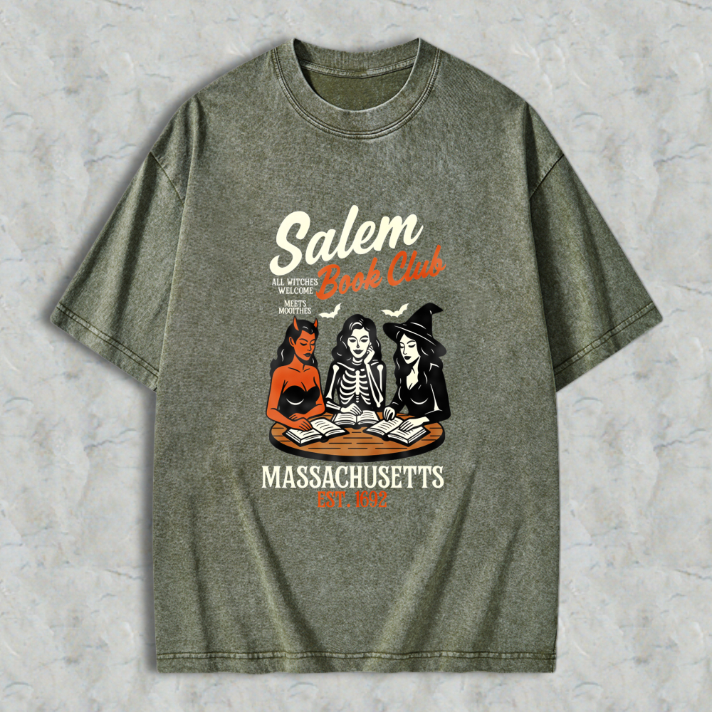 Wardrobecart Salem Book Club Massachusetts Est 1692 Witch Reading Books Vintage Horror Theme Unisex Washed T-shirt