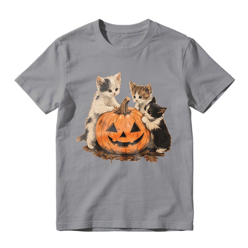 Three Kittens With Carved Halloween Pumpkin, Unisex Classic T-shirt