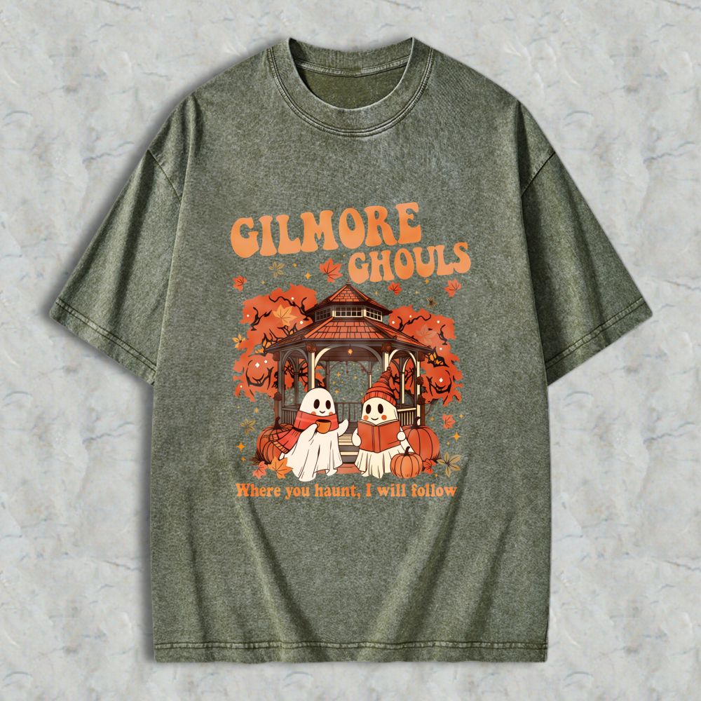Wardrobecart Gilmore Ghouls Halloween Ghosts And Pumpkin House Design Unisex Washed T-shirt