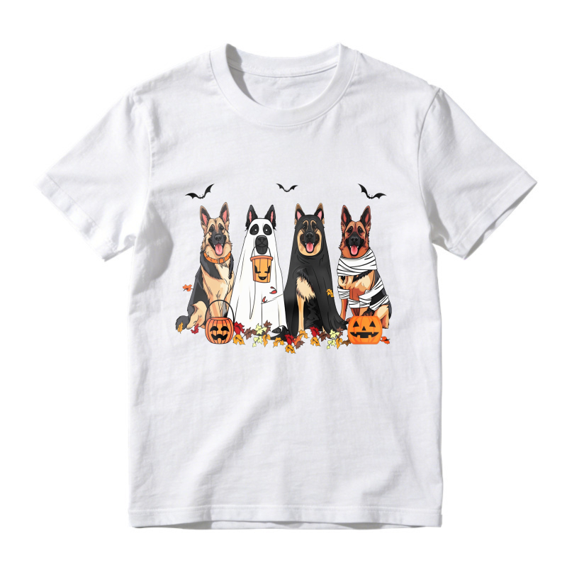 Halloween German Shepherd Dogs In Costumes With Pumpkins And Bats, Unisex Classic T-shirt