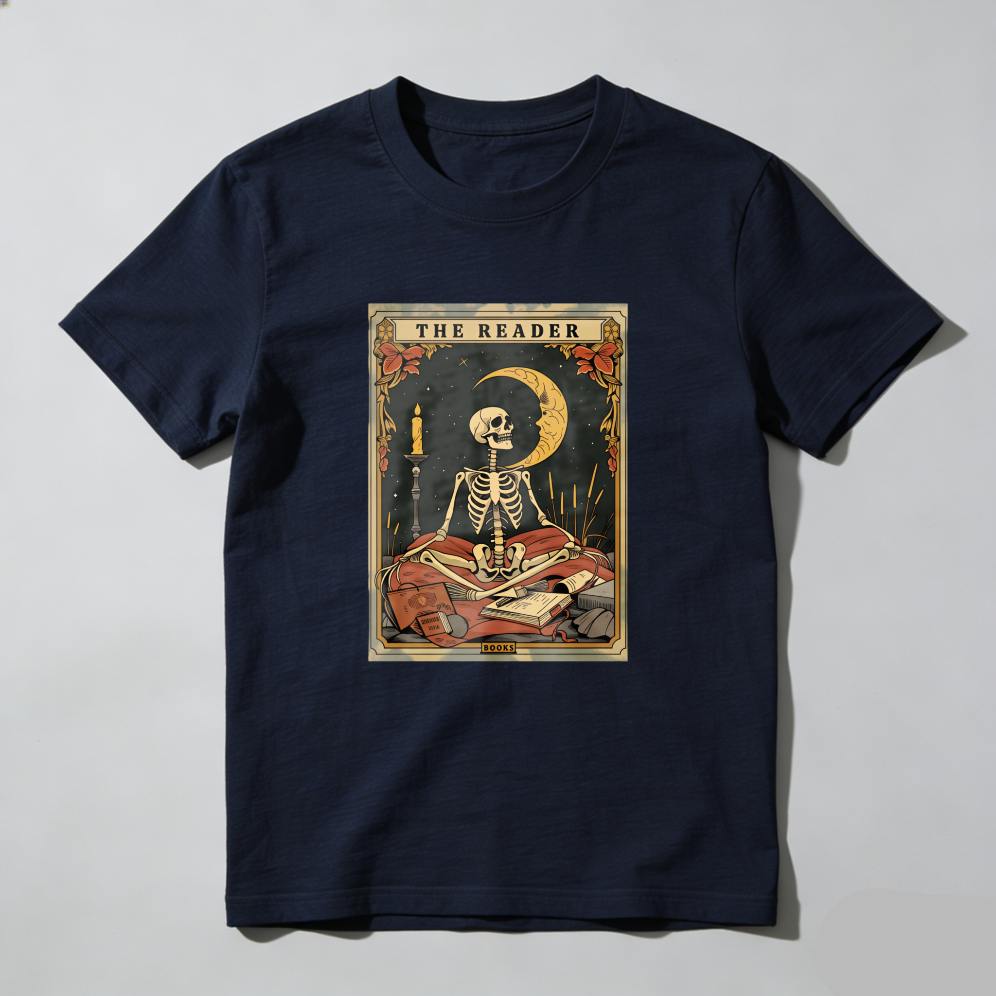 Wardrobecart The Reader Skeleton Tarot Card Design tshirt