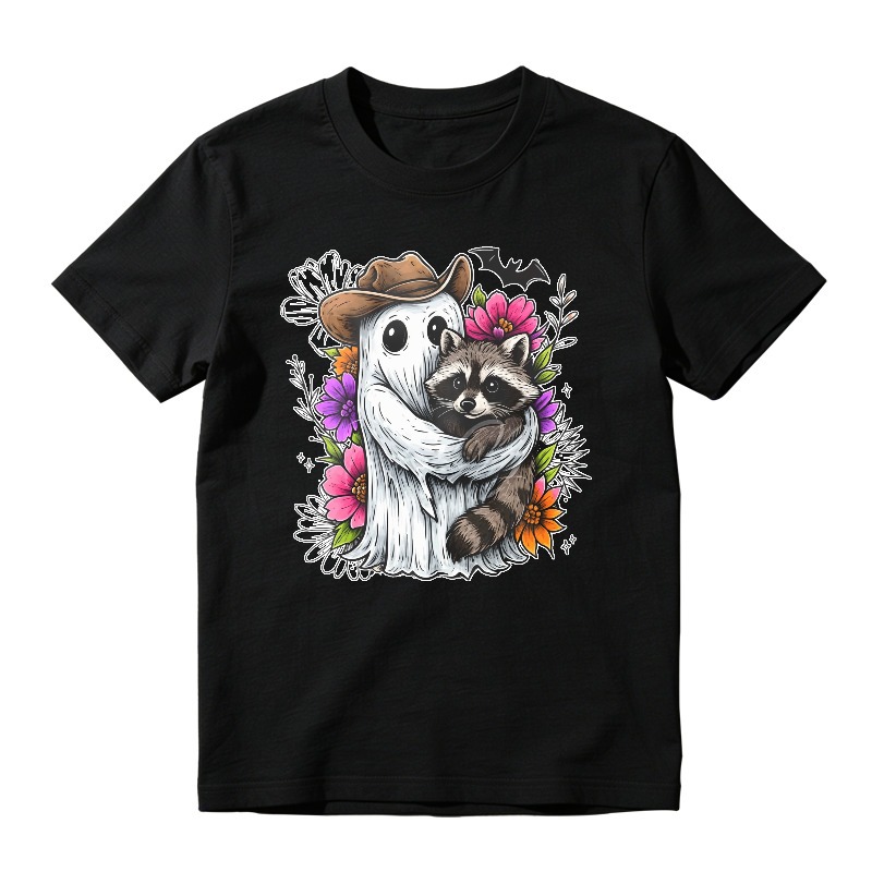 Cute Ghost Wearing Cowboy Hat Hugging Raccoon With Colorful Flowers And Bat, Unisex Classic T-shirt