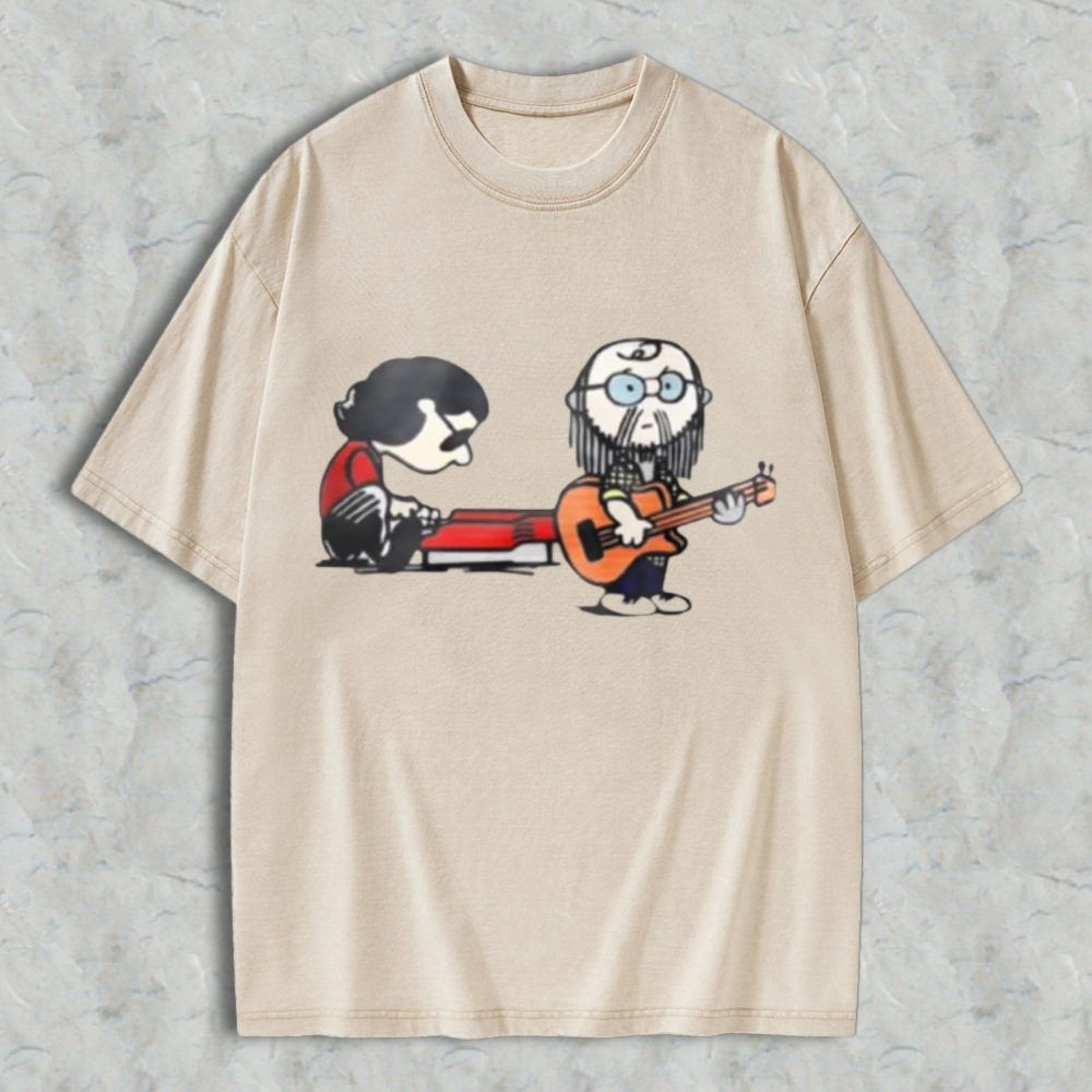 Cartoon Musicians Playing Guitar And Keyboard Graphic Washed T-shirt