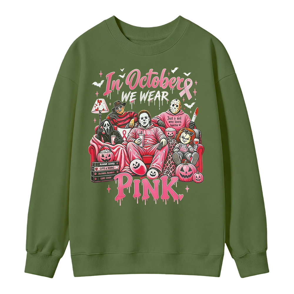 In October We Wear Pink Horror Movie Characters Print Breast Cancer Awareness Graphic Sweatshirt