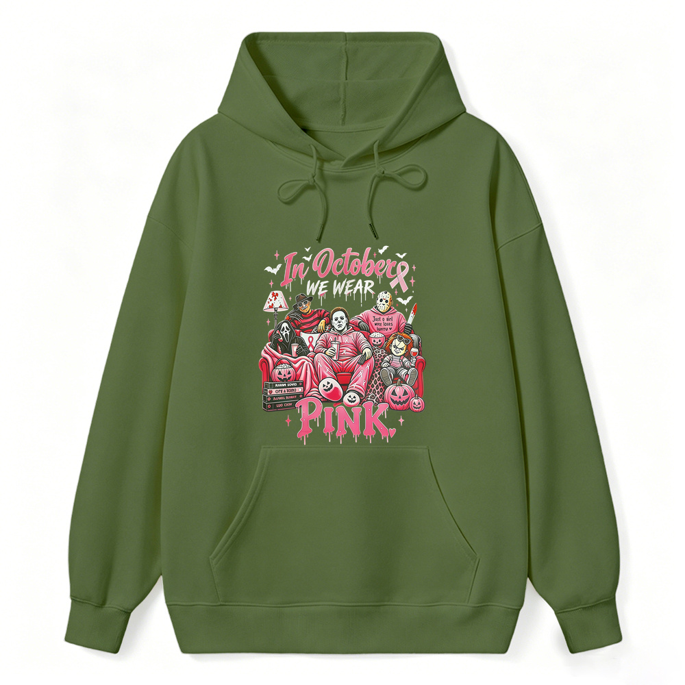 In October We Wear Pink Horror Movie Characters Print Breast Cancer Awareness Graphic Hoodie