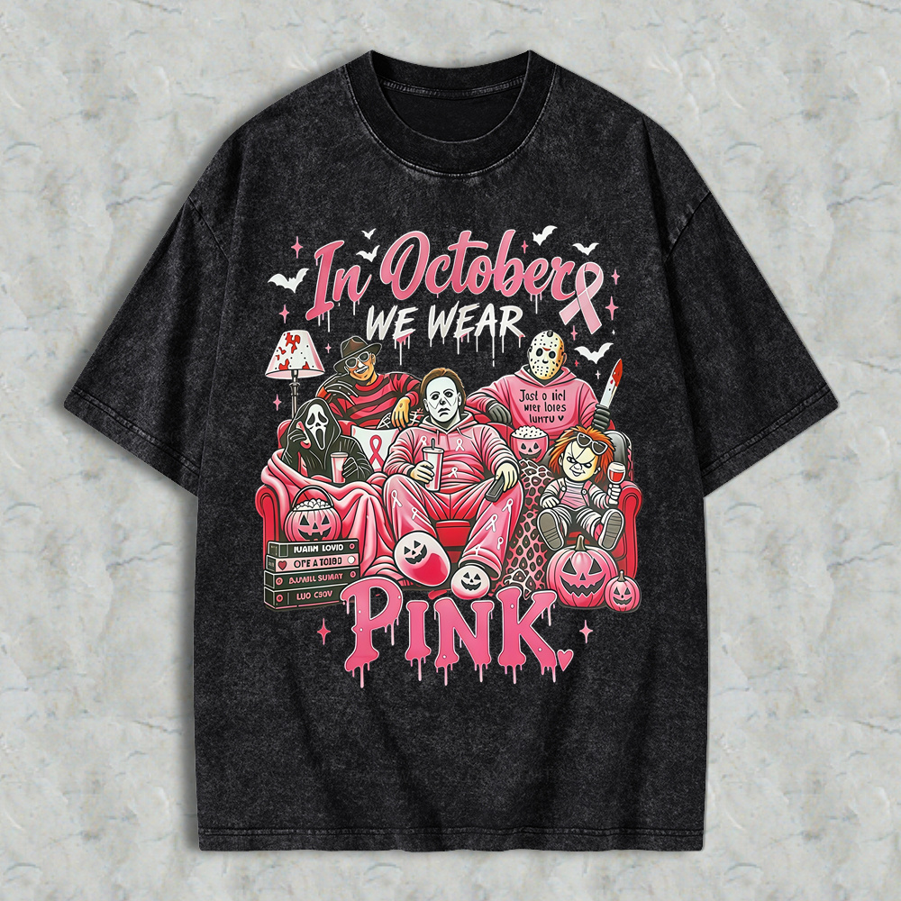 In October We Wear Pink Horror Movie Characters Print Breast Cancer Awareness Graphic Washed T-shirt