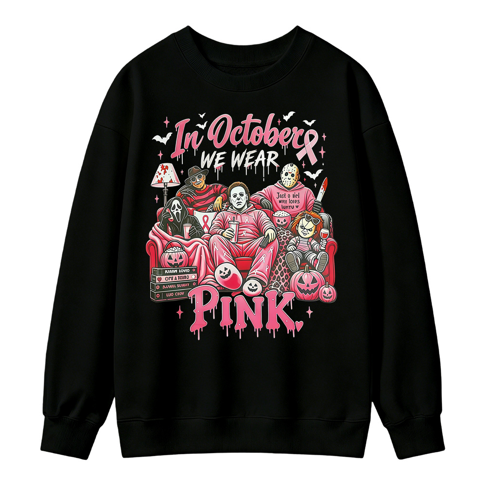In October We Wear Pink Horror Movie Characters Print Breast Cancer Awareness Graphic Sweatshirt