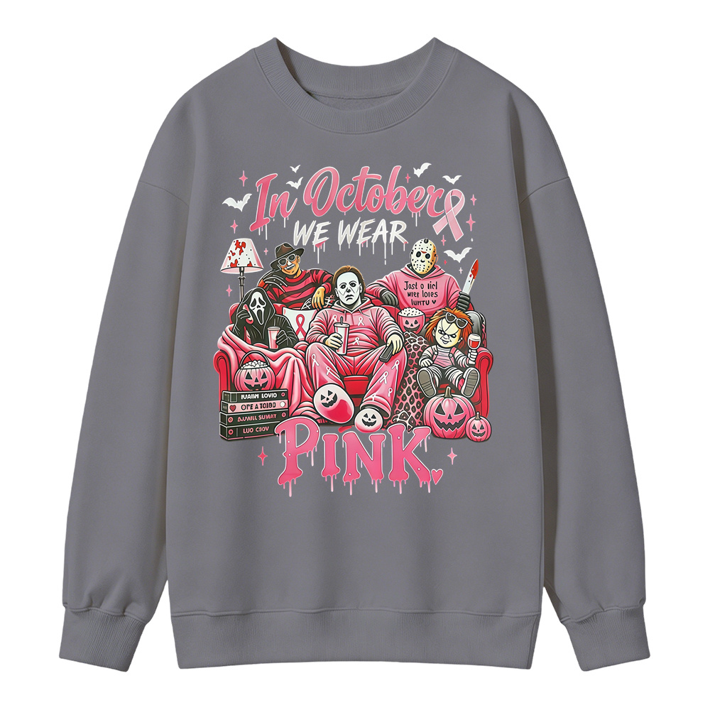 In October We Wear Pink Horror Movie Characters Print Breast Cancer Awareness Graphic Sweatshirt