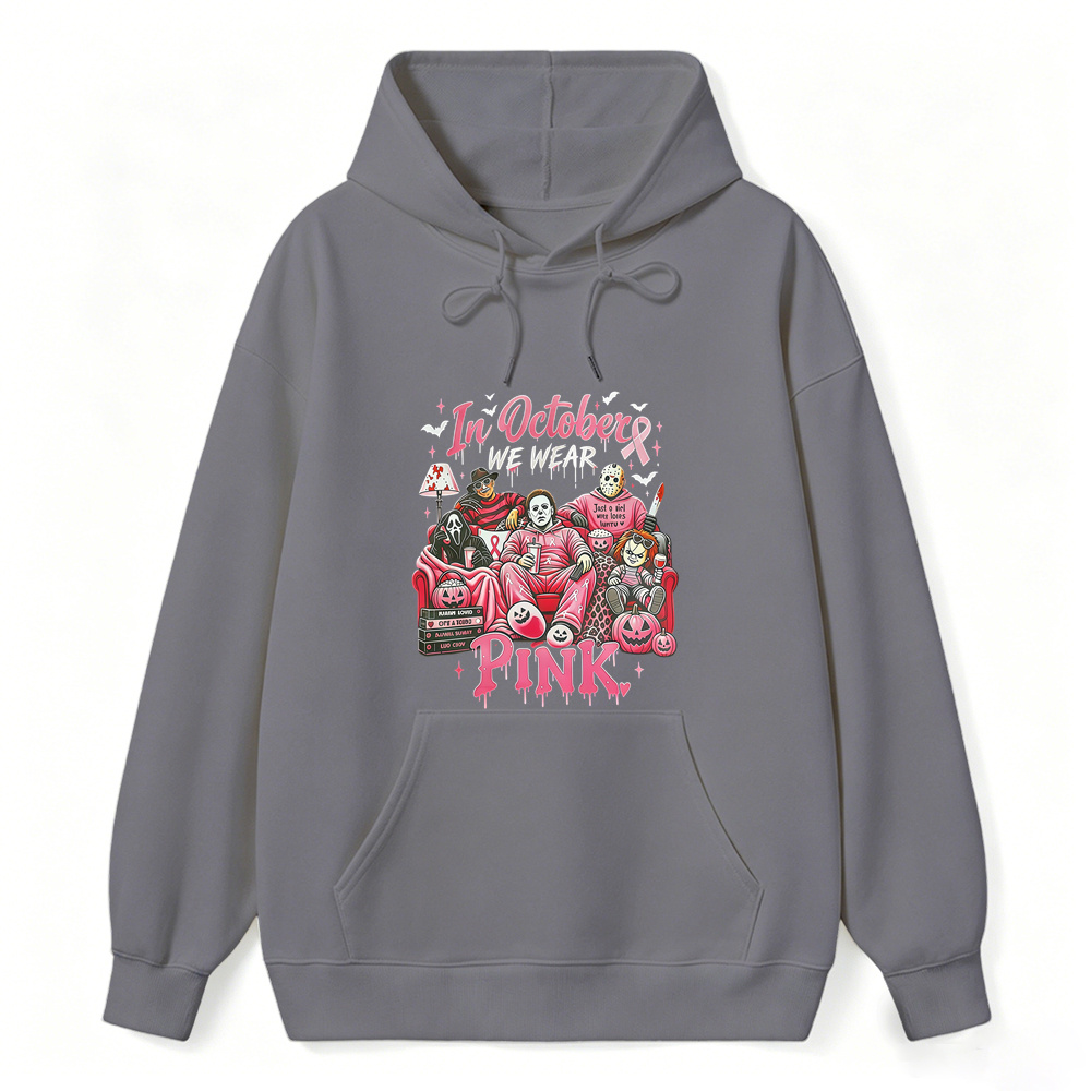 In October We Wear Pink Horror Movie Characters Print Breast Cancer Awareness Graphic Hoodie