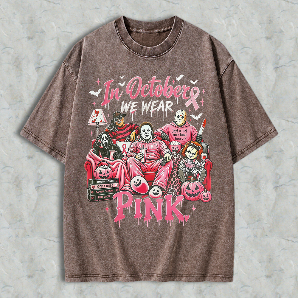 In October We Wear Pink Horror Movie Characters Print Breast Cancer Awareness Graphic Washed T-shirt