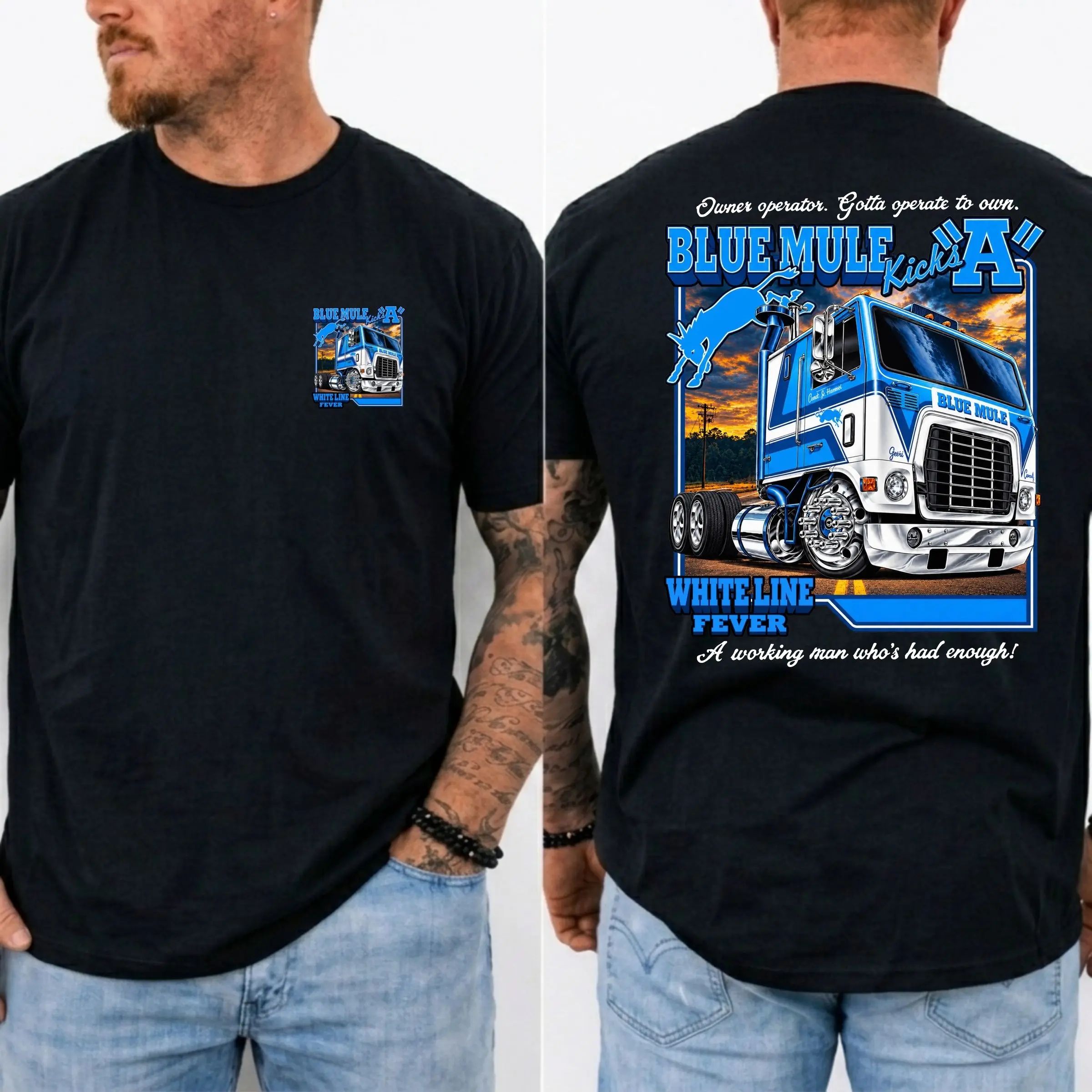 Blue Mule White Line Fever Vintage Trucker Graphic Tee
