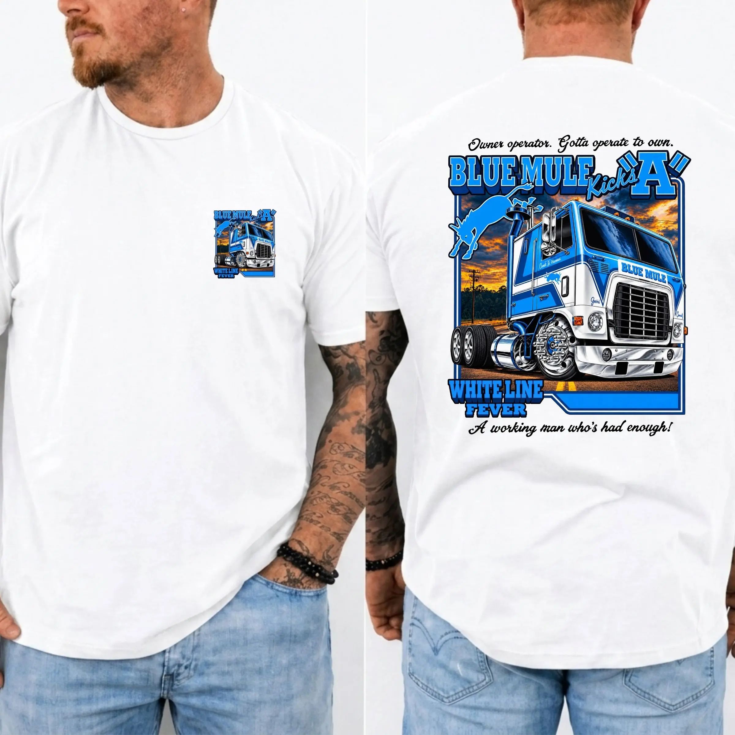 Blue Mule White Line Fever Vintage Trucker Graphic Tee